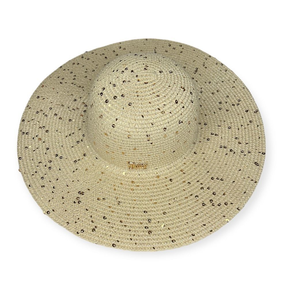 Juicy Couture Straw Sun Hat Gold Sequins Wide Brim Like New or NWOT Adjustable